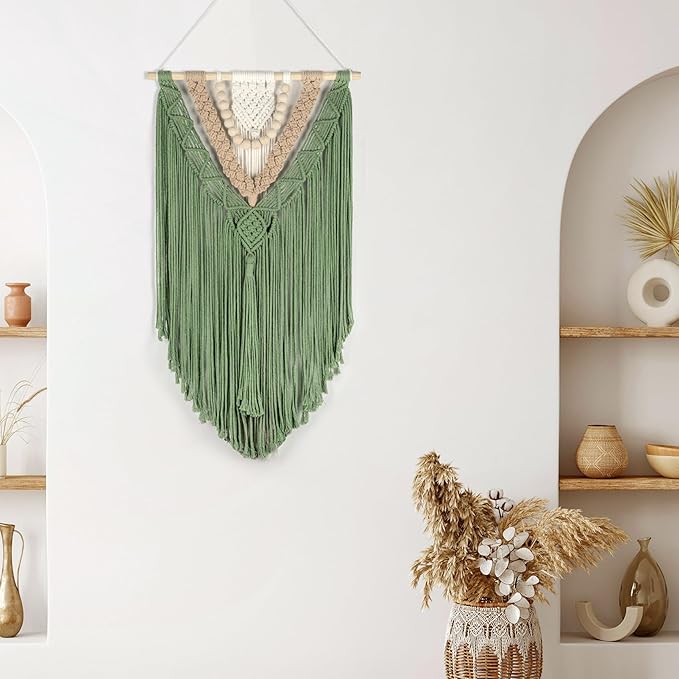 EOBTAIN Green Macrame Wall Hanging Boho Home Decor,Handmade Craft Handwoven Tapestry for Gallery Nursery Living Room,Natural Cotton Cord and Wood Beads Tassel Bohemian Art Decoration,30 Inch