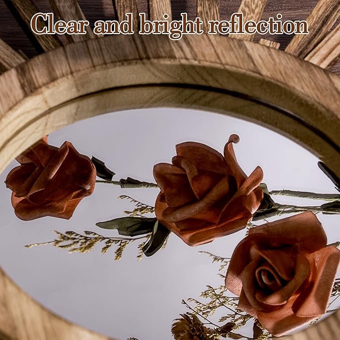 12 Inch Boho Sunburst Mirror, Round Wooden Wall Decor Starburst Sun Mirror for Bedroom, Living Room, Bathroom, Hallway, Balcony, Farmhouse Entryway, Housewarming Gift