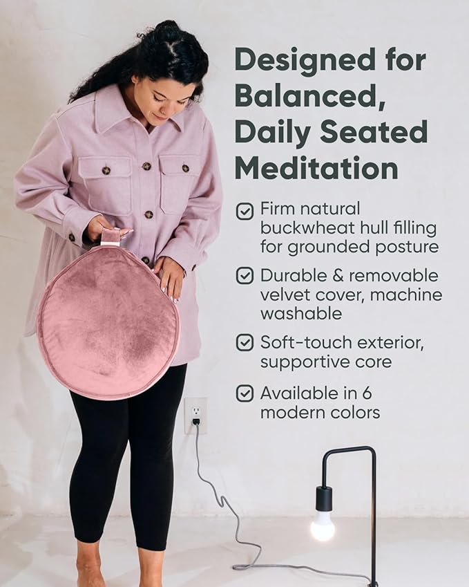 Mindful Modern Velvet Meditation Cushion | Luxe Zafu Yoga Floor Pillow Seat | Posture Support | Buckwheat Hull Filled | Large Round Cushion with Removable Washable Cover + Carry Handle