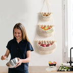 AARAINBOW Wall Cotton Hanging Baskets, Large 3 Tier Decorative Wall Basket, for Nursery, Boho Kitchen Decor - Cotton Rope Fruit basket (White)
