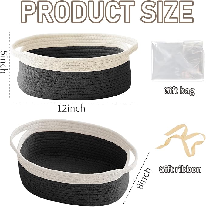 Woven Basket,Small Rope Storage Bin with Handles & Ribbon Bag, Organizer for Shelves Closets,Gift Basket Empty for Birthday,Books,Dog Toys, White&Black
