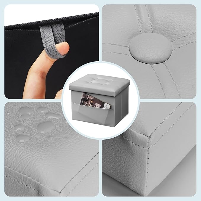 Storage Ottoman Foot Rest Stool, Small Leather Storage Ottomans Bench, Folding Footstool with Side Pockets, Foot Rest Under Desk for Living Room Bedroom, 17x13x13 in, Grey