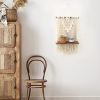 ANROYE Single Tier Macrame Boho Wall Hanging Shelf, Handmade Bohemian Wooden Woven Plants Floating Shelves Decor, Mini Chic Organizer for Bathroom Bedroom Western Home Nursery Storage Gift