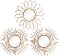 3 Pack Metal Mirrors for Wall Sunburst Wall Mirrors Home Décor Decorative Hanging Wall Art for Living Room Bedroom Entryway (Rose Gold2, Flower+Sunburst)
