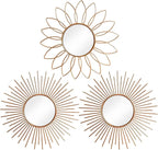 3 Pack Metal Mirrors for Wall Sunburst Wall Mirrors Home Décor Decorative Hanging Wall Art for Living Room Bedroom Entryway (Rose Gold2, Flower+Sunburst)