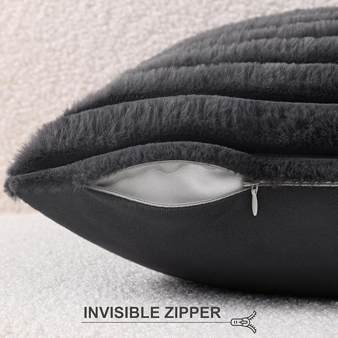 Pallene Faux Fur Plush Throw Pillow Covers 16x16 Set of 2, Luxury Soft Fluffy Striped Decorative Pillow Covers for Sofa, Couch, Living Room, Dark Grey