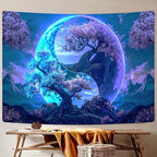 JAWO Tree Life Tapestry Aesthetic, Flowers Sun and Moon Art Tapestry Wall Hanging for Girls Bedroom, Cool Nature Galaxy Yin Yang Anime Tapestries Poster of Dorm Home Decor 40X30 Inches, Blue