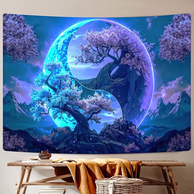 JAWO Tree Life Tapestry Aesthetic, Flowers Sun and Moon Art Tapestry Wall Hanging for Girls Bedroom, Cool Nature Galaxy Yin Yang Anime Tapestries Poster of Dorm Home Decor 71X60 Inches, Blue