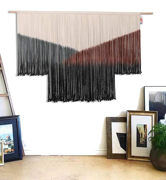 Flber Macrame Wall Hanging Large Black Tie-Dye Geometric Décor Bohemian Yarn Tapestry Home Boho Wall Décor 59" Wx35 L