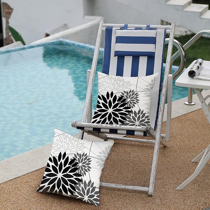 Black Grey Floral Pillow Covers 18x18 Set of 2 Outdoor Waterproof White Colored Decorative Throw Pillows Summer Pillowcase Polyester Cushion Case Decor for Couch Patio Funiture Garden Porch 01L18