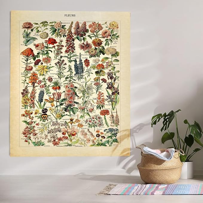 Vintage Flowers Tapestry 48”x36”, Long Vertical Wall Hanging Reference Illustrative Botanical Tapestries for Bedroom Aesthetic Floral Tapistry Botanical Plants Tapestry Wall Hanging Cute Bedroom Decor