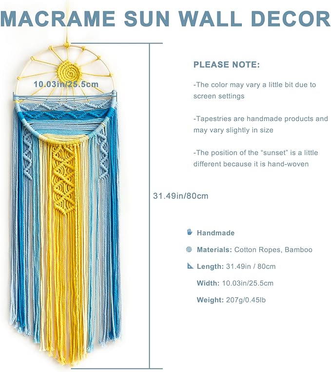 Artilady Mcrame Blue Sun Wall Decor Boho Hanging Tapestry Sunburst Wall Art, Rustic Woven Tapestries Big Dream Catcher Sunshine Decor for Bedroom Living Room Nursery (Blue Sunshine)