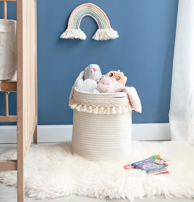 Mkono Macrame Decorative Cotton Rope Basket Boho Nursery Decor Small Cute Woven Tassel Closet Storage Bins Organizer for Baby Toys,Magazines, Potted Plants Cover,Living Room,Bedroom, 15.7"x19.6"