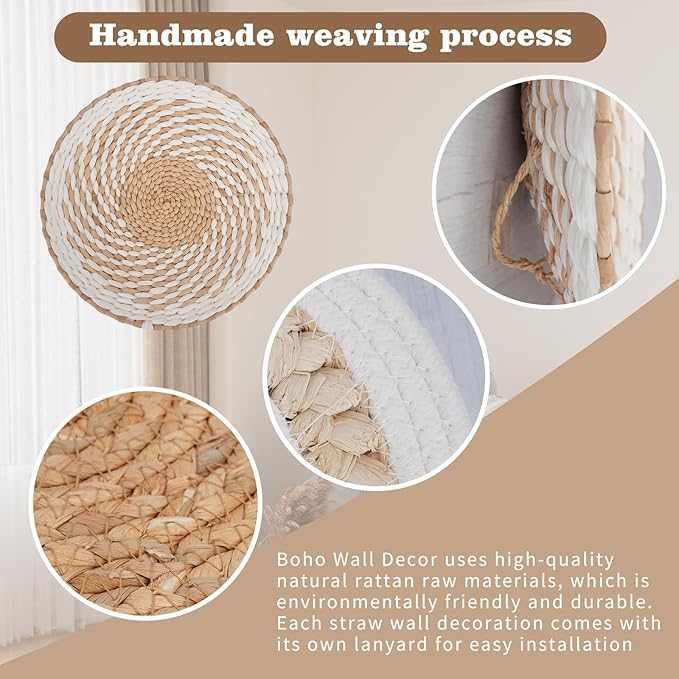 11Pcs Boho Wall Basket Decor, Round Hanging Rattan Wall Decor Flat Woven Basket Wall Hanging Decor, Tassels White Seagrass Wicker Boho Baskets Decoration Art for Farmhouse Bedroom Living Room