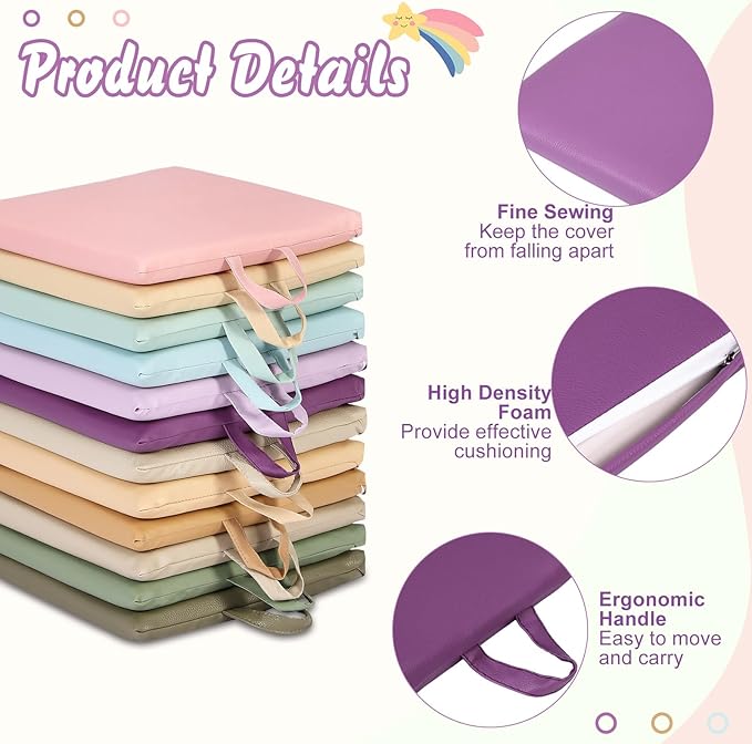 Sawysine 12 Pcs Floor Cushions Classroom Flexible Floor Seating with Handle for Kids in Home School Classroom Kindergarten Daycare Nursery(Vivid Color,Square)