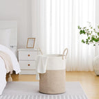 VIPOSCO Large Laundry Hamper, Tall Woven Rope Storage Basket for Blanket, Toys, Dirty Clothes in Living Room, Bathroom, Bedroom - 58L White & Brown