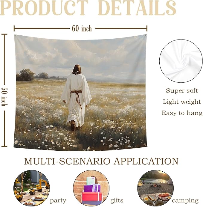 bitCNY Jesus in Field Tapestry 60x50 Inches – Solitude Christian Wall Art, Peaceful Religious Tapestry for Bedroom Living Room, Faith Journey Decor