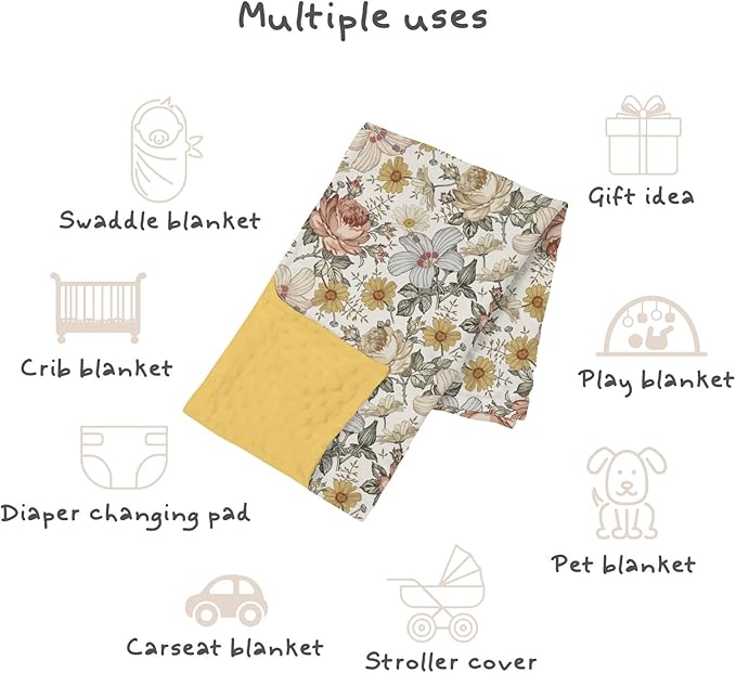 Boho Retro Floral Baby Blankets for Girls 30" x 40", Brown Flower Soft Double Layer Minky Blanket with Dotted Fleece Back, Nursery Bed Receiving Quilt for Newborn Infant Toddler Shower Gift