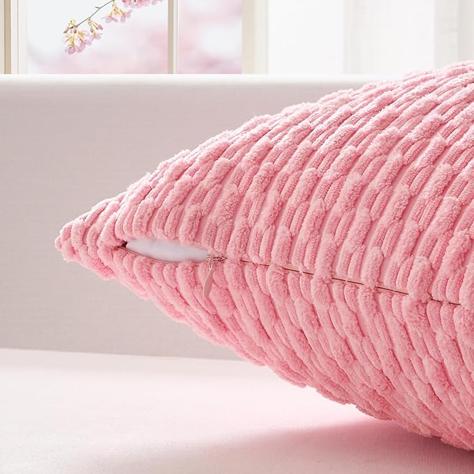 Kevin Textile Valentines 14x22 Inch Pillow Cover 1 Pack Boho Decorative Soft Striped Corduroy Lumbar Farmhouse Accent Rectangle Cushion Case for Living Room Couch Sofa Bed, Pink