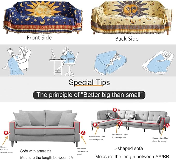Hippie Throw Blanket Sun Moon Stars Boho Throw Blankets Celestial Tapestry Double-Sided Reversible Woven Cotton Home Decor Bedding Chair Couch Recliner Cover Oversized Tassels Astrology 70"x90"