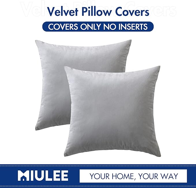 MIULEE 26x26 Inch Euro Sham Velvet Pillow Covers, Set of 2 Large Square Decorative Pillows -Greyish White Super Soft for King Bed, Sofa, Couch, Accent Chairs with Hidden Zipper
