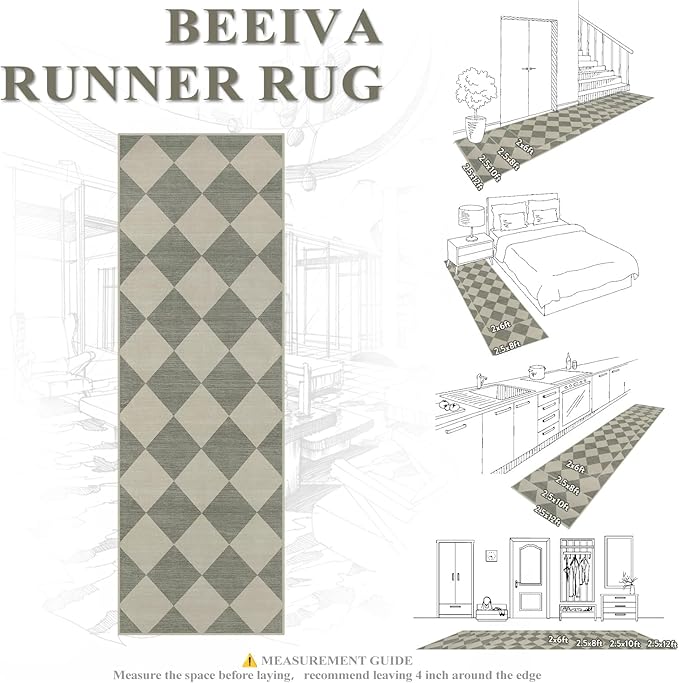 Beeiva Checkered Print Runners for Hallways Non Slip 2.5x12, Green Ultra Thin Washable Runner Rug Neutral Long Rugs for Hallway, Moroccan Plaid Floor Carpet for Kitchen, Modern Gingham Home Decor