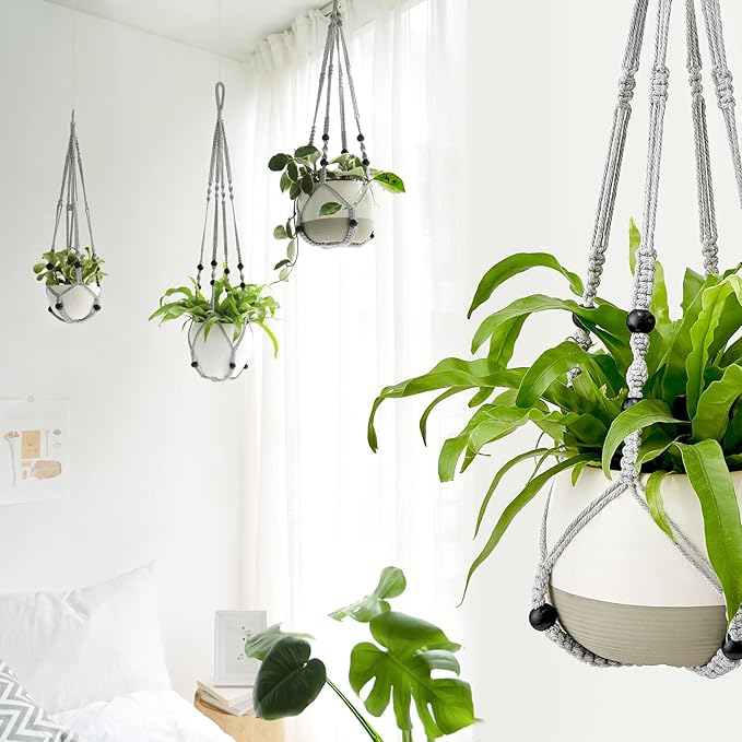 Mkono Macrame Plant Hanger Indoor Hanging Planter Basket with Wood Beads Decorative Flower Pot Holder No Tassels for Indoor Outdoor Boho Home Decor 35 Inch, Grey, Set of 2 (POTS NOT Included)