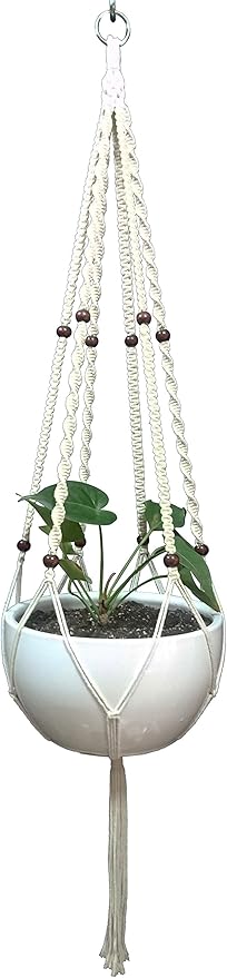 Plant Hanger Macrame Cotton 6 Legs 51 Inches in Tan and Green Color for Indoor Outdoor, Living Room, Kitchen, Deck, Patio, High and Low Ceiling with Size of 10-12 inches Without The Pot (Cream)