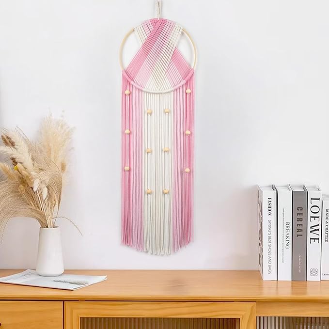 EOBTAIN Pink Macrame Wall Hanging Dream Catchers Pink and Beige Woven Tapestry Wall Art with Ombre Tassel, Boho Macrame Wall Decor for Bedroom Living Room Apartment Home,31.5L x9.84W Inch