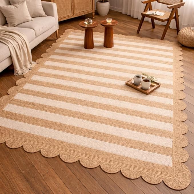 HOMEMONDE Scalloped Jute Area Rug 8'x10' Natural Stripe - Boho Home Décor Farmhouse Style Eco-Friendly Fiber Rug Hand Braided Rustic Vintage for Living Room, Bedroom, Dining Room, Hallway, Kitchen