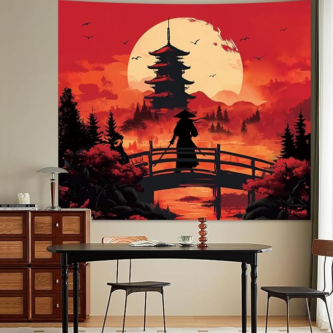 Apdidl Anime Japanese Samurai Wall Tapestry for Bedroom, Cool Black and Red Forest Mountain Moon Backdrop Tapestries Aesthetics, Medieval Dark Sunset Tower Wall Hanging for Men Room Dorm 51"X60"