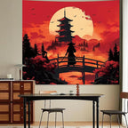 Apdidl Anime Japanese Samurai Wall Tapestry for Bedroom, Cool Black and Red Forest Mountain Moon Backdrop Tapestries Aesthetics, Medieval Dark Sunset Tower Wall Hanging for Men Room Dorm 51"X60"