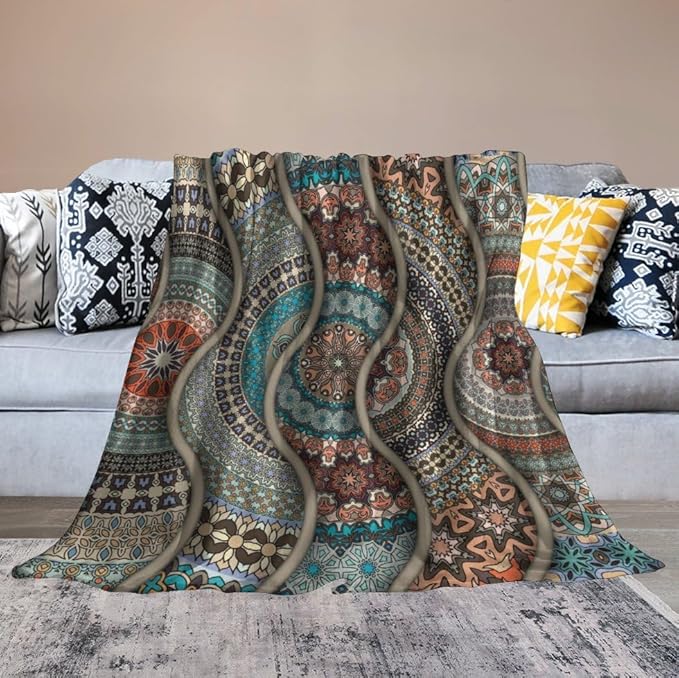 Colorful Bohemian Throw Blanket Vintage Floral Mandala Flower Aztec Boho Blanket for Sofa Bed Couch Chair Or Dorm 40"x50"