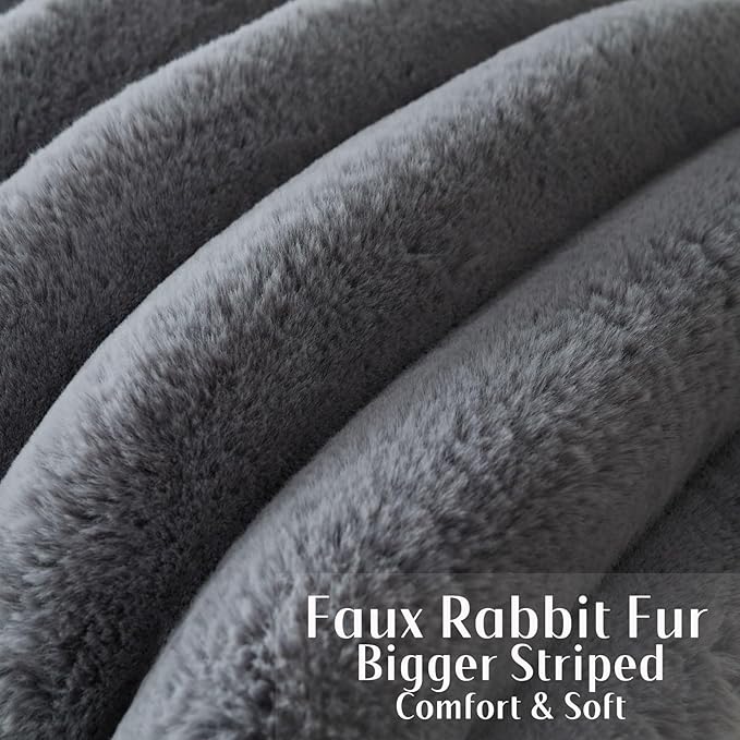 FUTEI Grey Decorative Throw Pillow Covers 20x20 Inch Set of 2, Square Soft Faux Rabbit Fur Thick Striped Cushion Cover,Spring Home Decor for Couch Bed Living Room