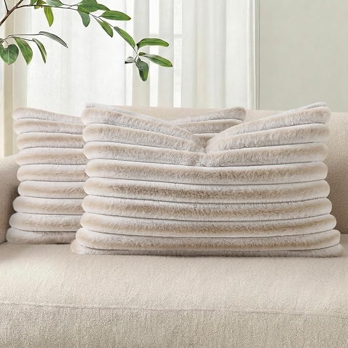 Pallene Faux Fur Plush Lumbar Throw Pillow Covers 12x20 Set of 2, Luxury Soft Fluffy Striped Decorative Pillow Covers for Sofa, Couch, Living Room, Ombre Beige
