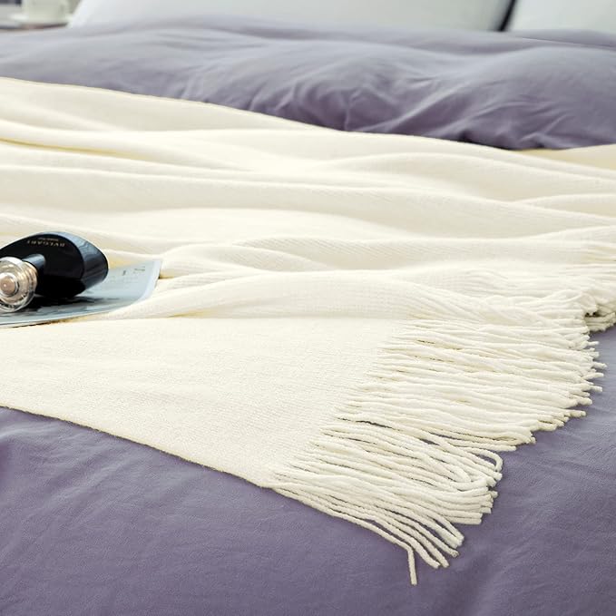 Vonty Ivory White Knitted Blanket with Tassels Fringe 50" x 60", Super Soft Knit Throw Blanket, Farmhouse Decorative Lightweight Blanket for Couch, Sofa, Bed