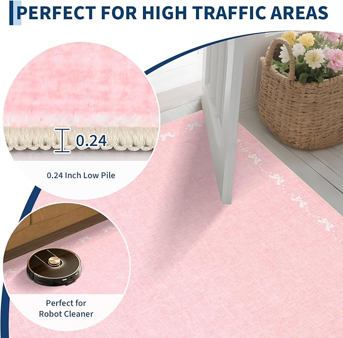 GarveeHome Bow Washable 8x10 Area Rugs for Living Room Non Slip Soft Solid Pink Bedroom Rugs Low Pile Foldable Large Area Rug Stain Resistant Carpet for Nursery Dining Room Playroom, Pink