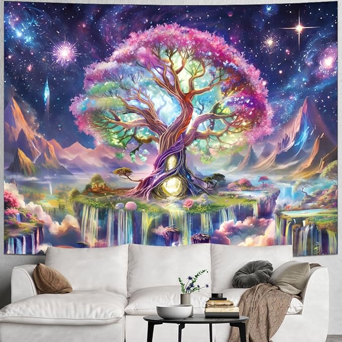 Huzuya Tree of Life Tapestry Blacklight Aesthetic Tree Tapestry UV Reactive Galaxy Space Tapestries Fantasy Waterfall Wall Tapestries Colorful Starry Sky Wall Hanging Decor for Home