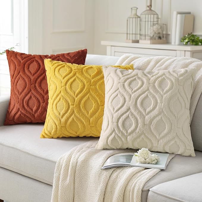 decorUhome Cozy Textured Throw Pillow Covers 20x20 Inch Set of 2, Soft Plush Faux Wool Mustard Yellow Accent Couch Pillow Covers for Modern Farmhouse Sofa Bed Living Room