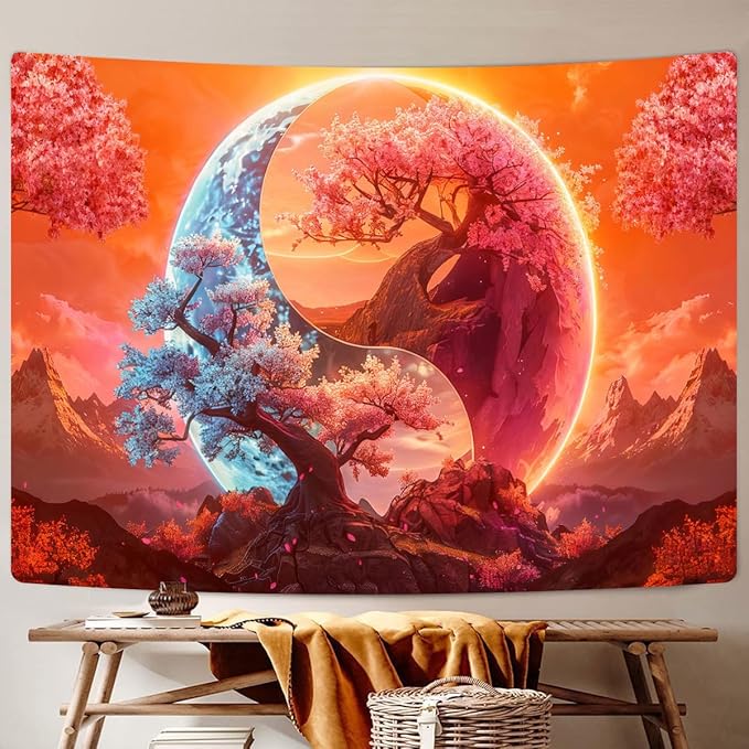 JAWO Tree Life Tapestry Aesthetic, Colorful Pink Flowers Sun and Moon Anime Tapestry for Bedroom, Cool Nature Galaxy Yin Yang Anime Tapestries Poster of Dorm Home Decor 90X70 Inches, Orange