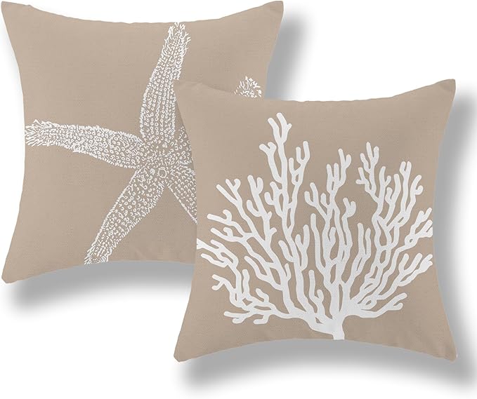 Coastal Pillow Covers 18x18 Inch Set of 2 Brown Tan Coral Starfish Throw Pillows Summer Nautical Beach Ocean Decorations Linen Pillowcase Outdoor Decor Farmhouse Cushion Case for Home Bedroom