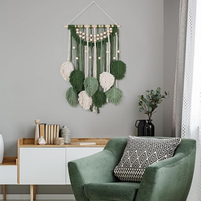 Newwiee Leaves Macrame Wall Hanging Boho Feather Macrame Wall Decor Woven Tapestry Green Stylish Feather Hanging for Nursery Bedroom Living Room 27.6 x 15.8 Inch