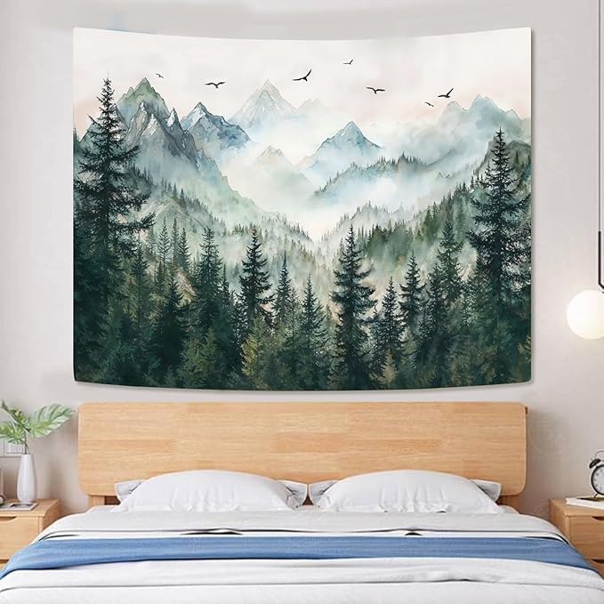 Zussun Misty Forest Mountain Tapestry Sage Green Nature Pine Tree Tapestry for Bedroom Aesthetic Watercolor Foggy Woodlands Birds Landscape Tapestries Wall Hanging for Living Room Dorm 60 x 44 Inch