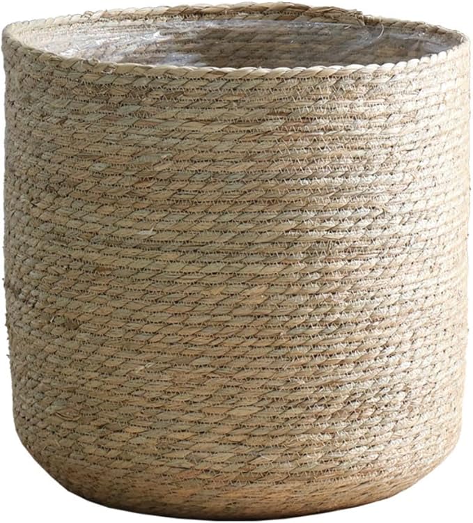 9 inch Seagrass Woven Planter Basket - Wicker Planter Basket with Plastic Film Insert for Indoor Plants, Large Monstera Pot, Woven Storage Basket, Boho Home Decor (Small)