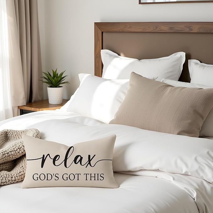 Christian Pillow Covers 12x20 Inch Set of 2 – Warm Cream Lumbar Case – Relax God’s Got This/Give It to God and Go to Sleep – Neutral Faith Throw Pillows Cases for Bed or Couch