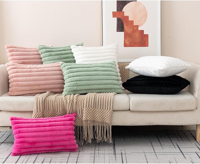ZLINA Set of 2 Baby Pink Faux Fur Decorative Throw Pillow Covers Fluffy Striped Pillowcase Cushion Covers 26 x 26 Inch Decor Sofa Couch Bedroom