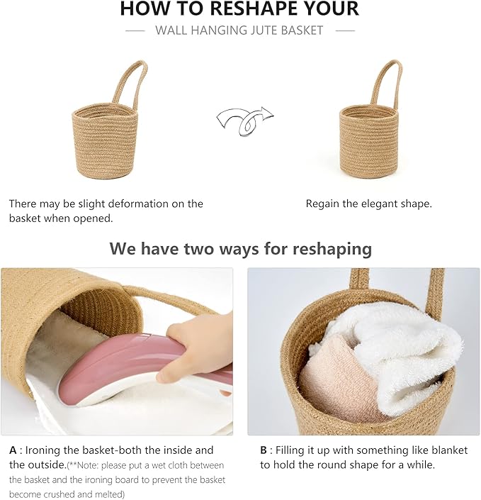 Dahey 2 Pack Wall Hanging Rope Basket (5.5"W×6.2"H) with Artificial Eucalyptus, Jute Woven Storage Organizer Flower Plants Basket Farmhouse Rustic Wall Decor for Porch Living Room Bedroom Entryway