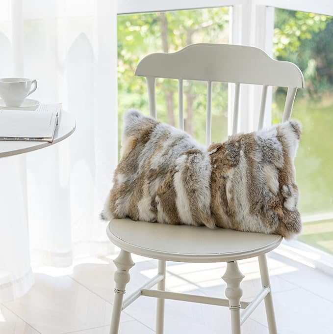MOOX Rabbit Fur Throw Pillow Covers Decorative Fluffy Soft Fuzzy Plush Luxury Genuine Animal Skin Lumbar Pillow 12"x20" Cushion Cover(Yellow-White, 12x20inch)