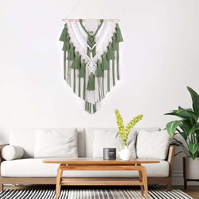 EOBTAIN Green Macrame Wall Hanging Handmade Boho Macrame Wall Decor with Yarn Tassel Bohemian Tapestry Woven Wall Art for Living Room Bedroom Home Apartment Nursery Dorm Decorations,16" W x 26" L