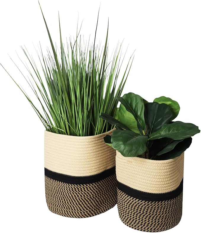 Decorative Baskets for Plants| 9- & 11-inch Pots for Indoor Plants | Floor Planter Pot Cover | Rope Plant Basket for Indoor (Medium 11" Round, Tan/Black)